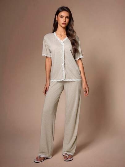 Lazeform Women's V-Neck Cardigan With Button, Long Sleeve Lace Patchwork Top And Straight Leg Pants Pajama Set