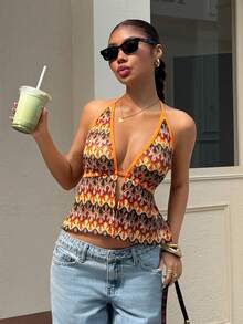 Muchica Knitted Halter Neck Tank Top For Women - Multicolor - View 3