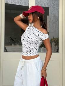 Muchica 女士波点印花不对称肩部修身T恤 - 黑與白 - 查看 6