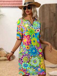 女士印花中长连衣裙，夏季新品 - 彩色 - 查看 3