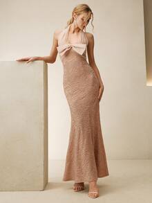 Anewsta 透视网纱拼接美人鱼连衣裙，优雅修身长款连衣裙，适合春夏穿着 - 淺粉色 - 查看 3