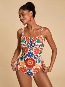 Travachic 女士夏季沙滩打结印花褶皱吊带背心式泳衣上衣和三角泳裤套装 - 彩色 - 查看 4