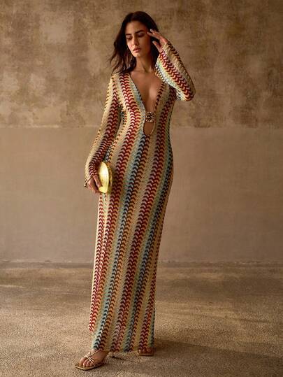 MOTF PREMIUM Abito copricostume da donna elegante e rilassato in stile bohémien, con scollo a V profondo, decorazione in metallo, maniche a sbuffo, a righe multicolore con texture