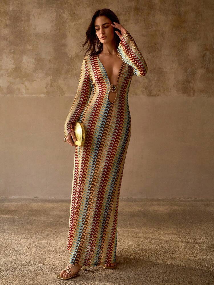 DEEP V-NECK DESIGN WITH METAL DECOR, FLARE SLEEVE, BOHEMIAN RELAXED ELEGANT WOMEN BEACH COVER UP DRESS, MULTI-COLOR STRIPED TEXTURED