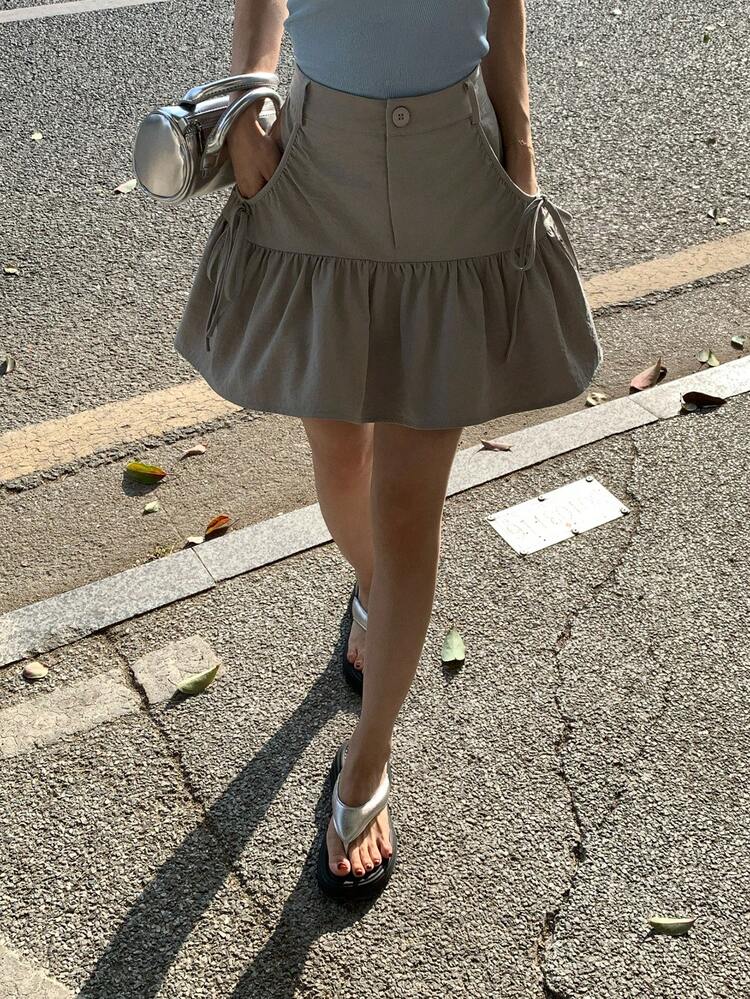 Spring & Summer Loose Casual Fashion Design Waist Tie Drawstring Bow Decor Large Pocket Patchwork Lightweight Outdoor Street Style Women Skirt