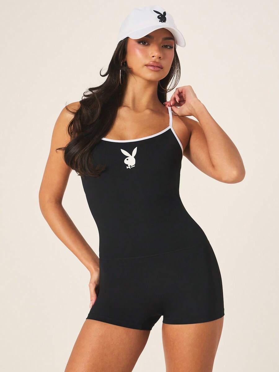Missguided x Playboy 女士黑色无袖连体裤，白色撞色滚边logo印花吊带连身裤，夏季休闲装 - 黑色 - 查看 1