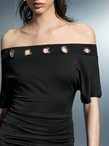 Airlisse Women's Off Shoulder Fitted Black Mini Dress, Black Gold, Summer, Chic, Club, Silver Eyelet Decoration, Punk Edgy, Y2K Style Party Date Wear - Black - View 3