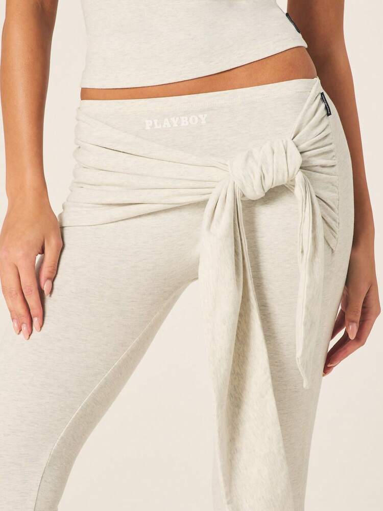 Missguided x Playboy Women's High Waisted Ruched Panel Flared Leg Casual Pants With Tie Detail Wide Leg Trouser For Spring Summer Fashion