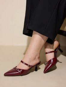 CUCCOO CURVES Women's Pointed Toe Buckle Design Everyday Versatile Fashion Wide Fit High Heels - Rose Red - View 4
