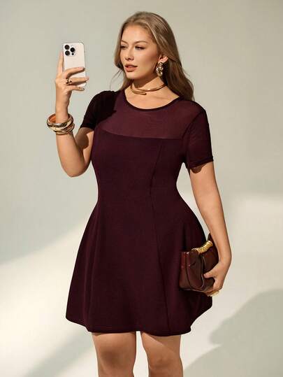 Auralis Plus Size Women Solid Color Round Neck Elegant Waist Cinched Short Sleeve Dress, Suitable For Dates And Parties Spring/Summer Elegant Vacation Dresses For Women Wedding Guest Dress For Women Graduation Dress For Women Festival Outfits For Women Summer Dresses For Women Elegant Dresses For Party