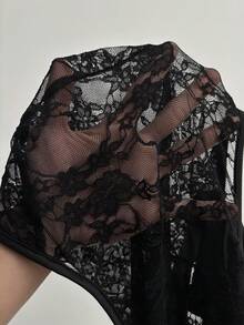 Auralis 大码纯色蕾丝性感长袖T恤 - 黑色 - 查看 7