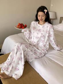 DAZY 可爱快乐小狗印花荷叶边女士睡衣套装 - 白色 - 查看 6