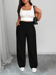 SHEIN PETITE Women's Casual Straight Leg Wide Waist Pants - Black - View 4