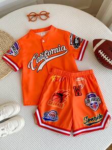 SHEIN 两件套儿童橙色字母印花撞色圆领短袖开衫和短裤运动套装，休闲、柔软舒适，适合户外运动 - 彩色 - 查看 3