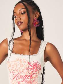 MISSGUIDED 女士白色罗纹蕾丝边吊带背心，饰有热带芙蓉花天使印花和扇形领口，休闲夏季无袖上衣 - 白色 - 查看 5