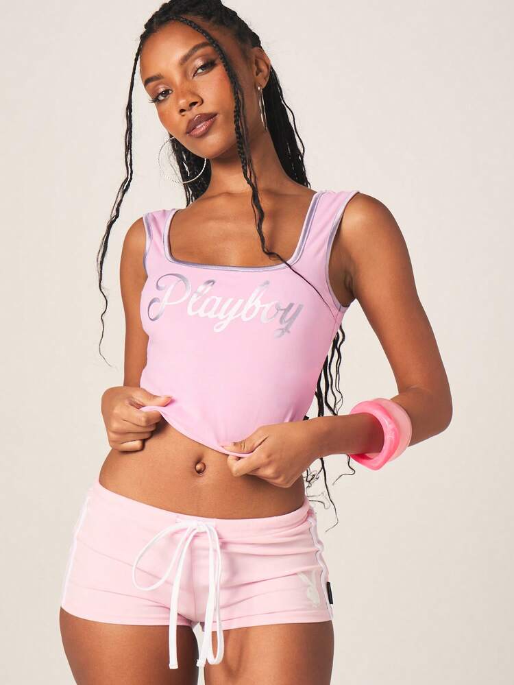 Missguided x Playboy Women's Pink Camisole Top With Silver Script Print And Contrast Binding Detail Sleeveless Tank Summer Fashion Statement Top