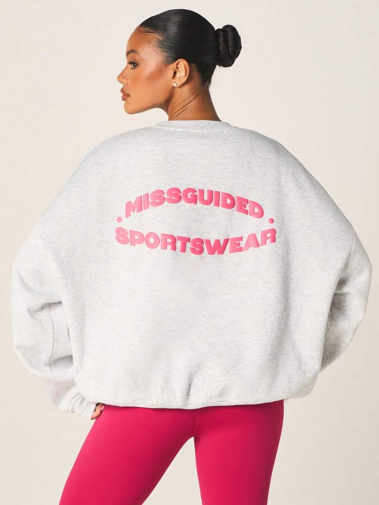 MISSGUIDED レディース オーバーサイズ クルーネック スウェットシャツ ピンクロゴプリント 長袖 カジュアル プルオーバートップ 秋冬用
