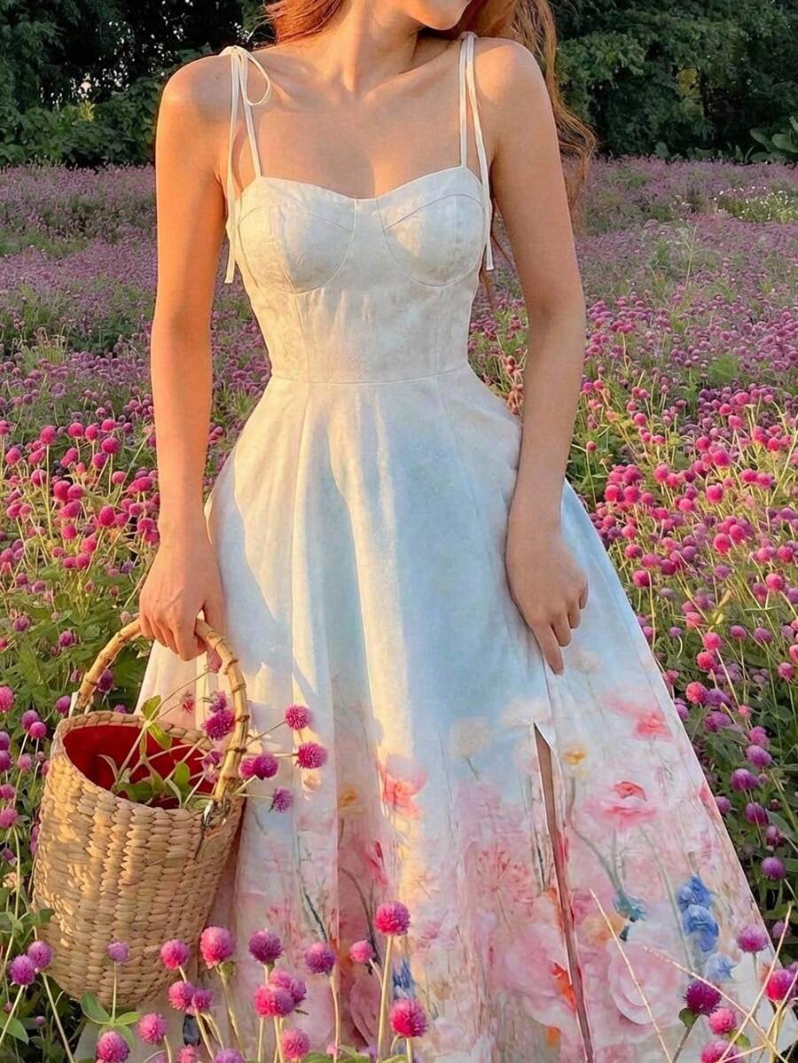 SHEIN MOD 女士优雅印花无袖连衣裙，后背拉链，夏季 - 彩色 - 查看 1