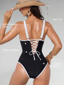 Shapewave Women's Plunging V-Neck One-Piece Swimsuit - Black and White - View 2