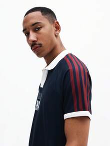 SUMWON Men's Slim Fit Navy Polo Shirt With France 98 Chest Print And Striped Sleeve Detail Casual Short Sleeve Collared Top - Blue - View 7