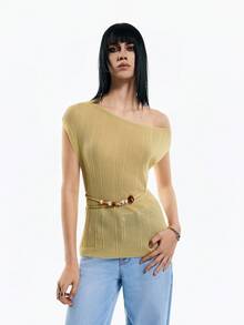 Airlisse Asymmetric Ruched Tie-Back Knit Cover Up For Women,Sheer Short Sleeve Ribbed Off The Shoulder Tops,Mustard Yellow,Summer,Effortless Chic,Vacation - Green - View 5