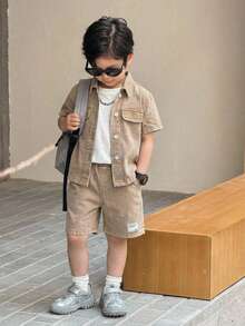 Bộ 2 món áo sơ mi và quần short denim kaki cho bé trai - Màu Khaki - Xem 7