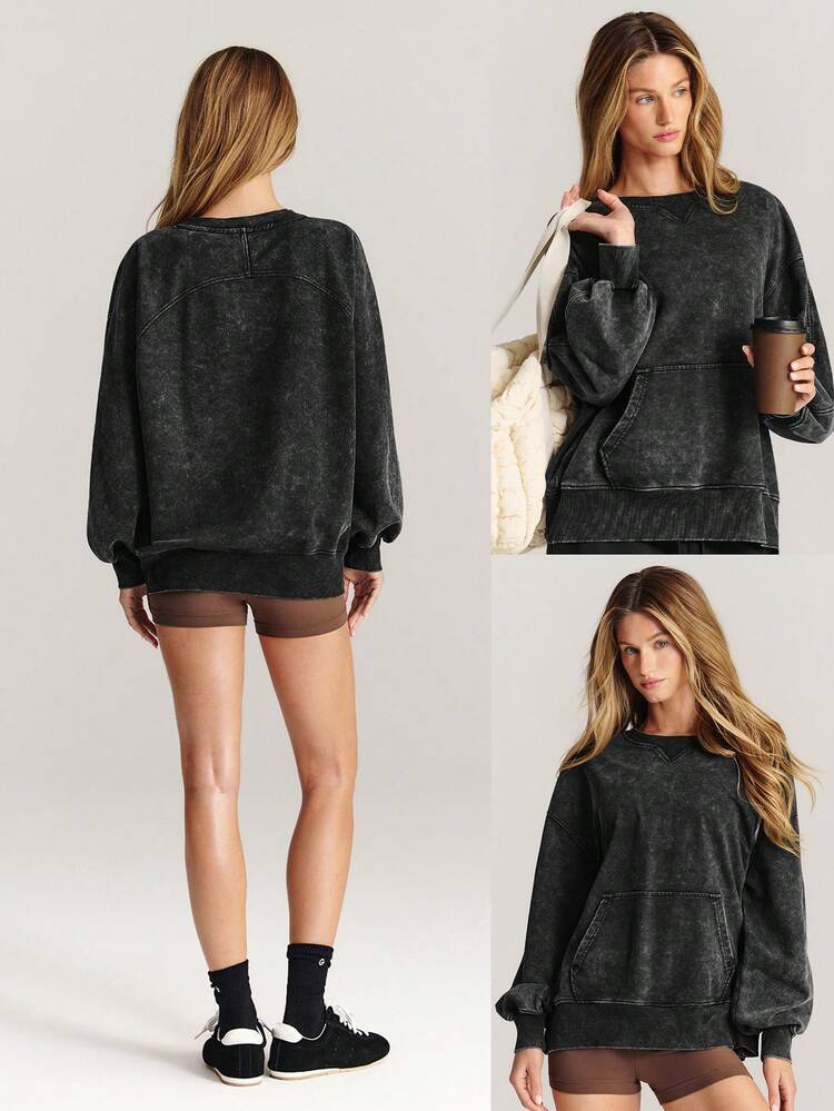 Sudadera de cuello redondo holgada con bolsillo delantero, de lavado vintage, suave, transpirable y que absorbe la humedad, para uso diario y casual