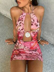 Aloruh 性感露背V领扎染动物纹网纱迷你连衣裙 - 彩色 - 查看 3