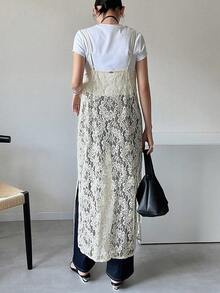 FRIFUL 女士轻薄透视蕾丝罩衫休闲连衣裙，侧开衩，宽松版型，适合春夏穿着 - 米色 - 查看 2