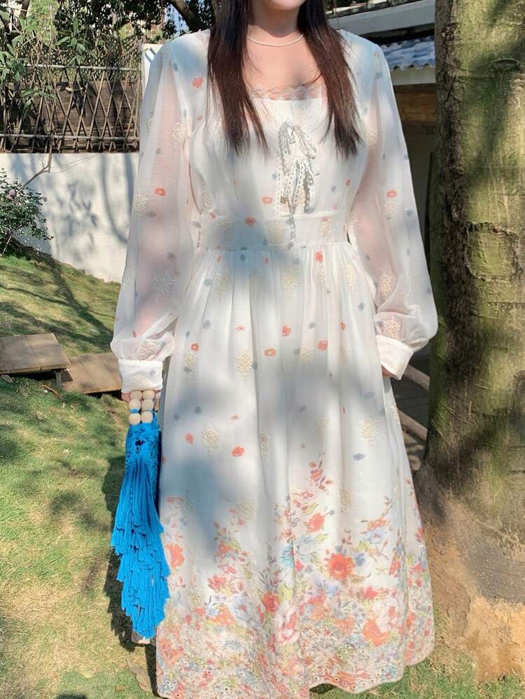 Dazy Plus Plus Size Casual Floral Print Contrast Lace Long Waist Cinched Dress, Spring/Summer Dress Sundress