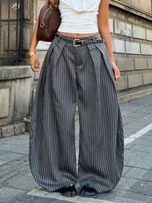 Coolane Quần ống rộng xếp ly dáng suông dành cho nữ, màu xám đậm kẻ sọc. - Xám - Xem 5