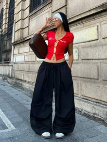 Coolane Pantalones largos de mujer de tela tejida negros con cintura con cordón - Negro - Ver 6