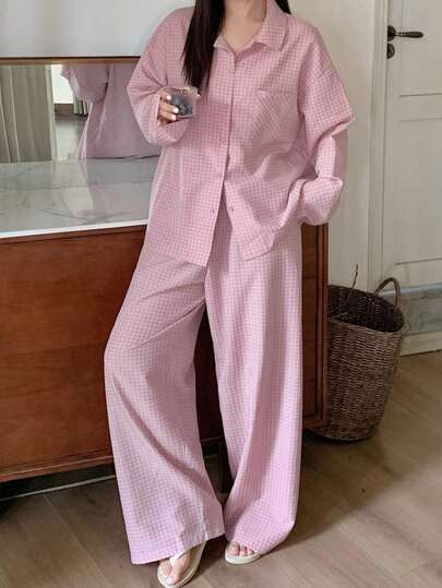 Dazy Plus 2pcs/Set Casual Plaid Pajamas For Girls, Loose Fit Top And Long Pants, Pink, Spring/Summer