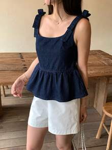 DAZY 女士蝴蝶结韩式水洗荷叶边牛仔衬衫 - 藍色 - 查看 1