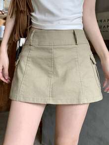 DAZY Women's Summer Casual Street Style Minimalist Solid Color Flap Pocket Skirt, Belt Not Included - Khaki - View 4