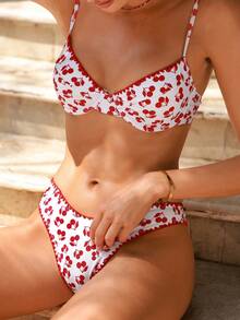 Swim Mod Women's Sexy Cherry Print Spaghetti Strap Bikini Swimwear For Beach Vacation, Summer - Red and White - View 4