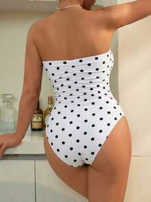 Swim Chiccia 女士沙滩度假波点黑色荷叶边连体泳衣，性感系带 - 黑與白 - 查看 2