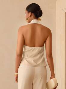 Vesra Women's Linen-Like Collared Sleeveless Ruched Waist Suit Vest And Casual Pants Set - Apricot - View 2