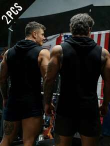 GymBeat 男士字母骷髅印花抽绳连帽运动背心 - 黑色 - 查看 2