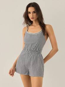 Almamuse 女士优雅编织缎带拼接格子连体裤 - 黑色 - 查看 2