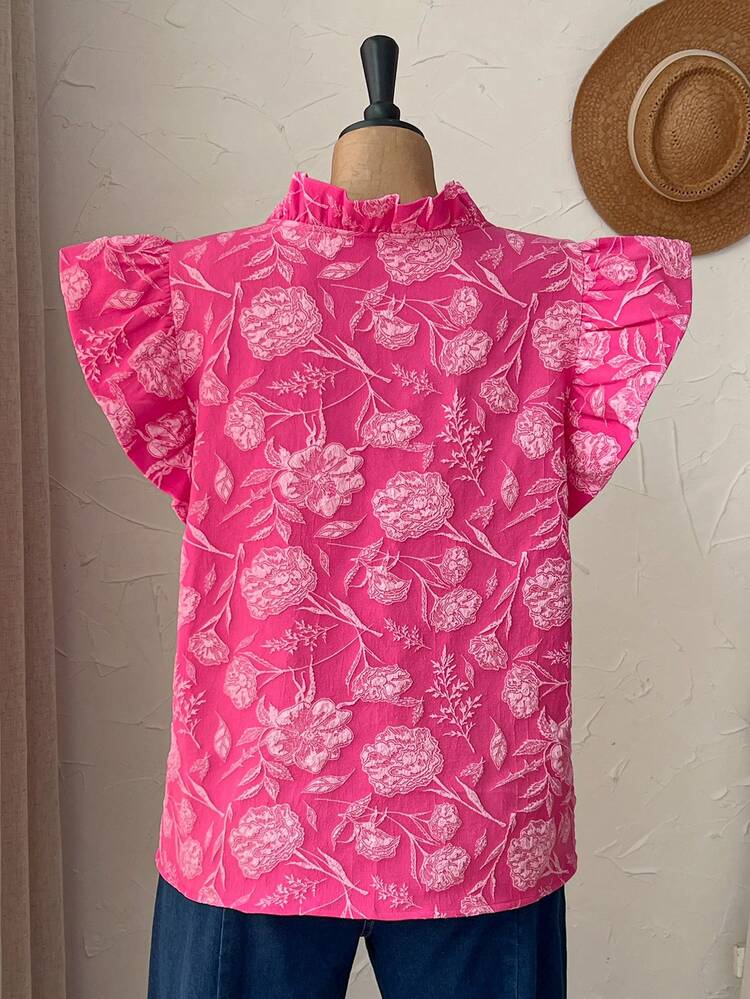 Plus Size Casual Jacquard Ruffle Trim Shirt Summer Tops Summer Outfits Summer Clothes  Spring  Spring Outfit Women Spring Clothes Country Style For Women