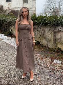 Jeta Ari 女式驼色无袖腰部褶皱A字形吊带连衣裙 - 駝色 - 查看 3