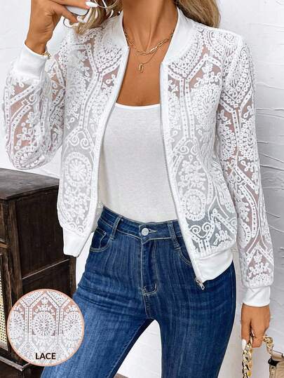 Solivie Elegant And Exquisite Lace Short Women's Jacket, Lightweight Style For Early Autumn Teacher Outfits Zip Up Jacket Embroidered Jacktet  White Long Sleeve Women Jackets  White Casual Baseball Jacket, Short Style, Sheer Lace Trim, Loose Fit, Versatile Autumn Coat.