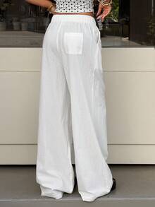 Muchica Loose-Fitting Drawstring Waistband, Textured Fabric, Wide-Leg Pants, White Linen Pants, Women's. - White - View 2