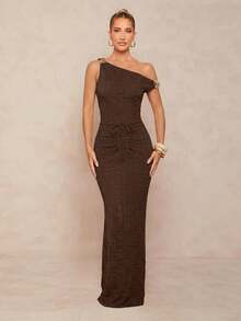 Lumalex 纯色纹理面料不对称金属装饰长裙，时尚性感沙滩/泳装两件套 - 咖啡棕 - 查看 6