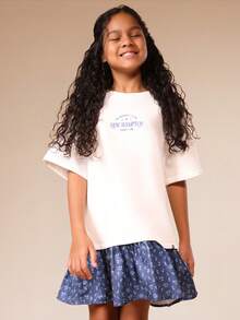 SUMWON 女孩夏季俱乐部新汉普顿印花短袖白色圆领T恤休闲宽松版型上衣 - 白色 - 查看 3