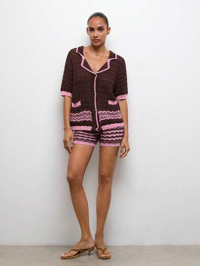 Maija 女士镂空撞色滚边蝙蝠袖休闲针织毛衣两件套