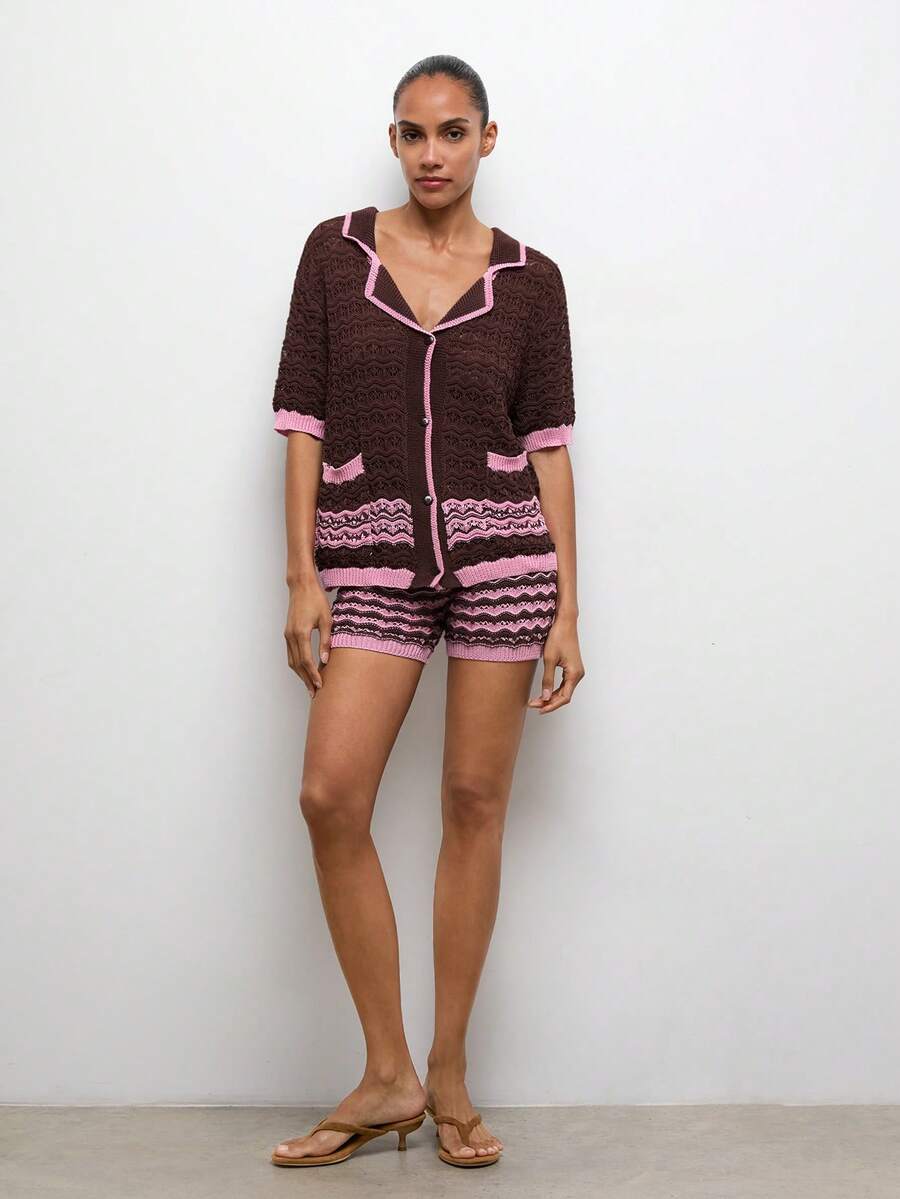 Maija Outfit Deas For Sweater 2 Pieces Set Brown And Pink Women's Cutout Contrast Trim Batwing Sleeve Casual Knit Vacation Outfits Women Summer Beach Holiday Outfits - Brown - View 1