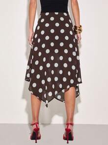 COSMINA Women's Polka Dot Chiffon Irregular Hem Skirt, Fashion Item For Daily Wear, Date, New Year, Versatile, Elegant Skirt, Suitable For Street Style Brown Polka Dot Skirt Asymmetrical Skirt Polka Dot Outfit Women - Brown - View 2