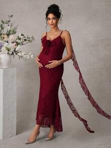 Momance Burgundy Lace Ribbon Maxi Maternity Dress, Elegant Flowy Hem, Suitable For Summer/Spring Vacation, Wedding Party - Burgundy - View 3